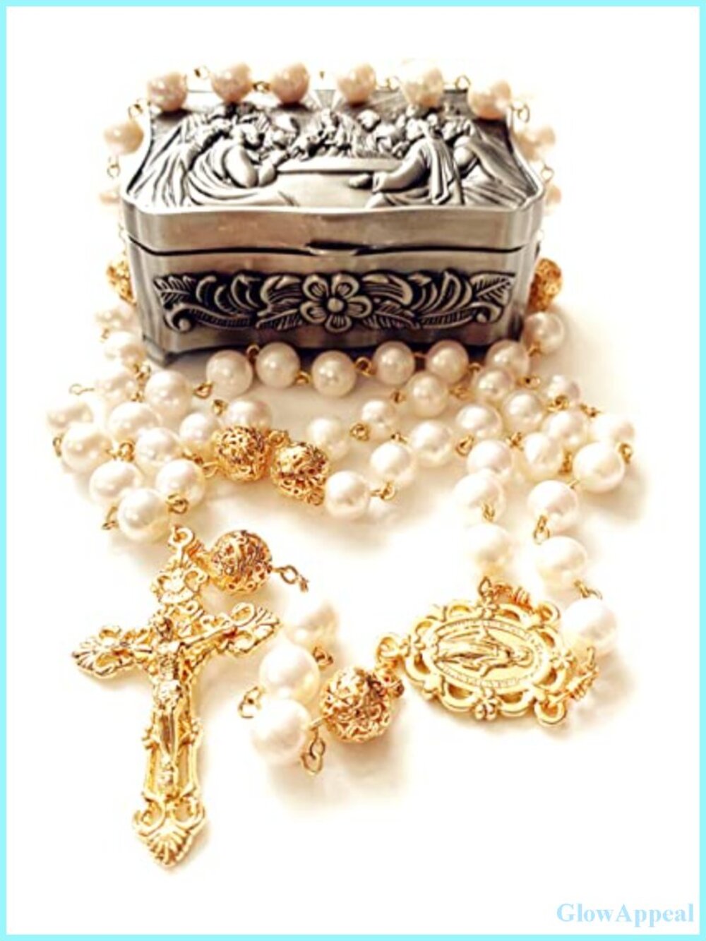 Handmade White Pearl Rose Beads Catholic Rosary Cross Necklace Gift Box